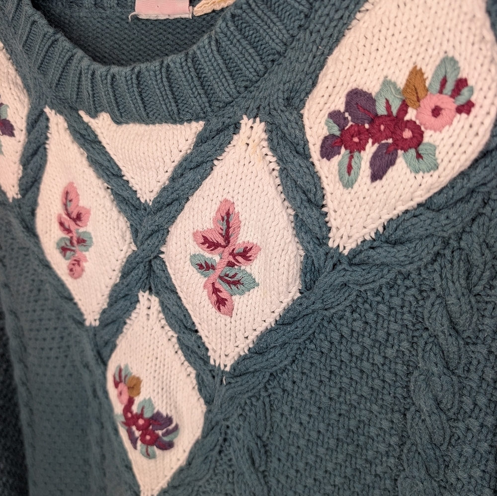 Vintage Lady Footlocker Floral Knit Sweater 100% Cotton Teal Women’s Large - Picture 6 of 9